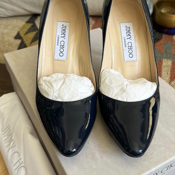 Jimmy Choo MEI Navy Patent Leather Almond Toe Pump Heels - Picture 13 of 15